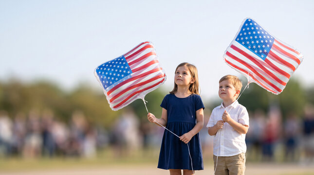 Enfants tenant des drapeaux et ballons aux couleurs du drapeau am&eacute;ricain