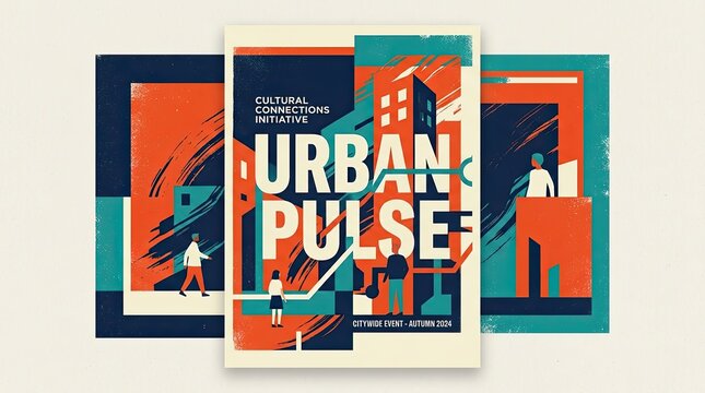 Urban cultural event poster showcasing citywide initiative with modern art style with connections initiative bold graphic design elements pulse under cultural promotes citywide advertisement 2024