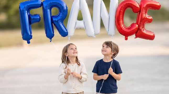 Groupe d&rsquo;enfants avec ballons aux couleurs de la France
