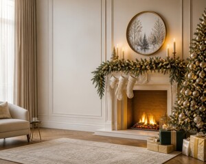 Obraz premium Elegant Christmas living room fireplace with festive tree decor
