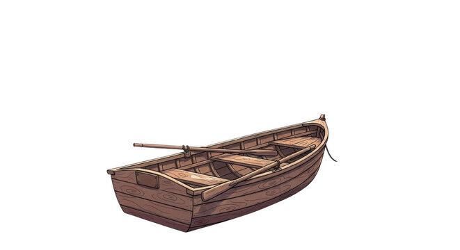 Vintage wooden rowing boat with oars isolated on white, rustic timber rowboat for lake fishing, small brown wooden dinghy for marine design