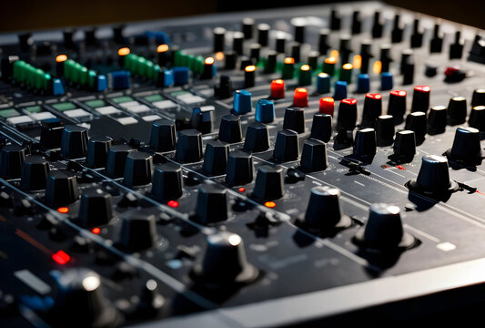 Music production and audio engineering, sound mixing console with colorful knobs and faders in a professional recording studio for broadcast media