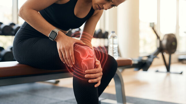 Woman Experiencing Knee Pain During Workout, Sports Injury and Joint Discomfort with Digital Knee Anatomy Highlight