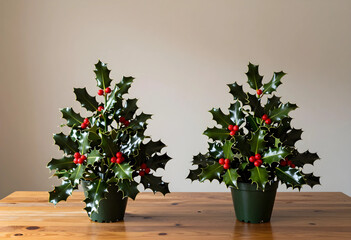 Obraz premium Christmas holiday decoration, two potted holly plants with red berries on a wooden table for festive winter home interior and seasonal celebration