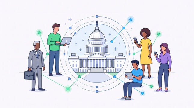 Illustration de citoyens connect&eacute;s autour d&rsquo;un b&acirc;timent public