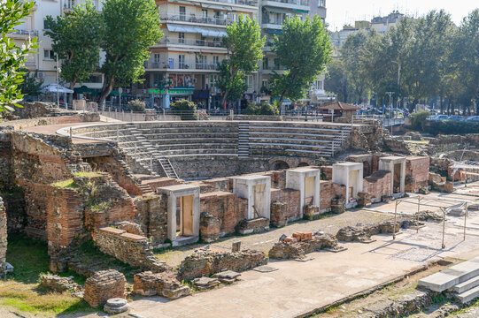 Roman Odeon at the Ancient Agora of Thessaloniki, semicircular theatre with marble doorways, Greece