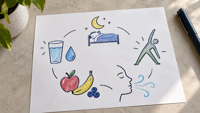 Healthy lifestyle concept sketches showing water nutrition sleep exercise and breathing on paper. Concept of doodles, wellness, health concept, habit tracker, good sleep. Copy space.