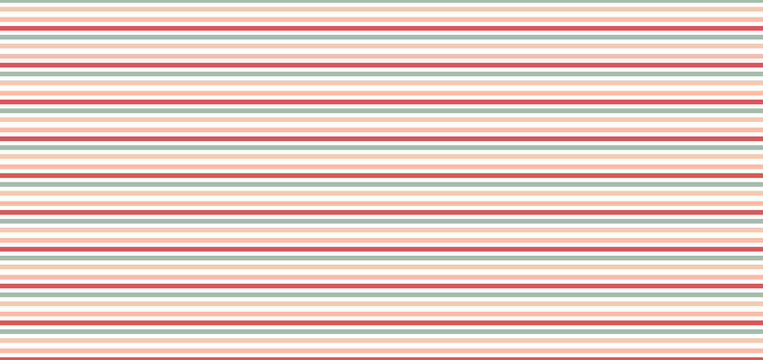 Soft pastel horizontal stripes in red, green, peach, cream and white, arranged in a clean repeating pattern, minimalist vector background.