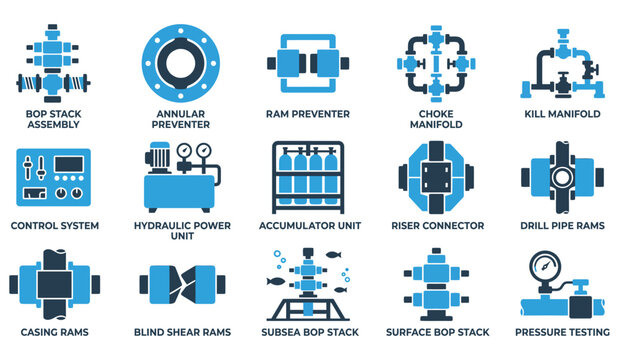 Set of oil and gas drilling equipment icons including bop stack and hydraulic control systems Minimal Solid Fill Icon Set, Editable Vector Icon Pack
