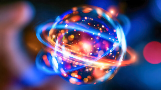 Futuristic glowing energy sphere with colorful orbital light trails and particles, symbolizing atomic science, quantum technology, and innovation