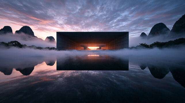 Modern Minimalist Pavilion Floating on Misty Lake at Sunrise