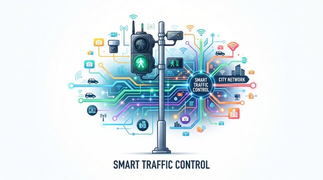 Traffic light with green signal connected to a digital city network showing smart traffic control icons and data flows.