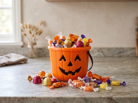 Halloween candy in orange pumpkin bucket on kitchen counter  