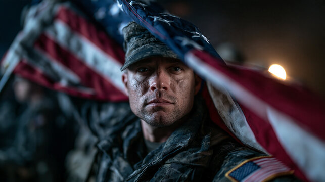 American Soldier Holding US Flag with Determined Expression