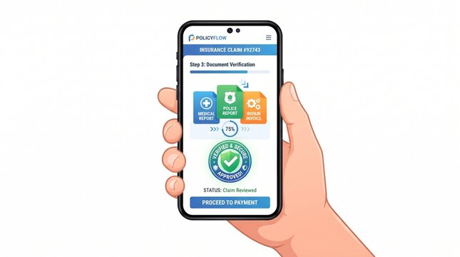 Smartphone held in a human hand displaying a digital application interface with insurance verification and claims processing options.