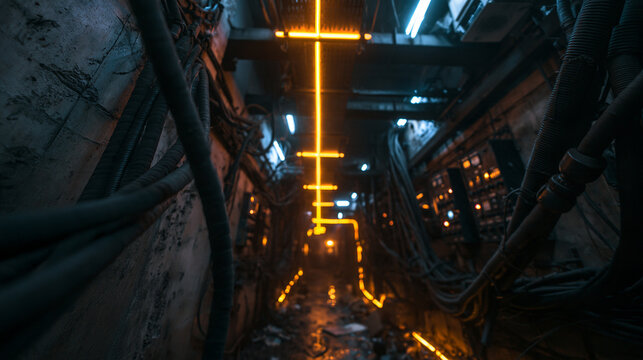 Futuristic Cyberpunk Underground Tunnel with Glowing Neon Lights
