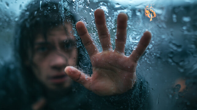 Young Man Pressing Hand Against Rainy Window Glass