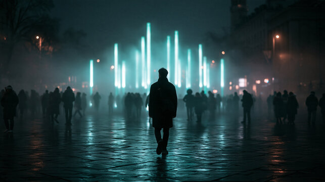 Man Walking Toward Glowing Neon Lights in Foggy City Square