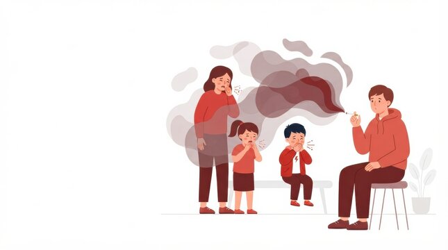 A parent smokes while children and another adult look worried about the effects of second hand smoke in their living space