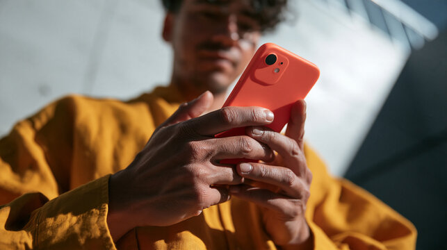 Man Holding and Using Orange Smartphone Outdoors