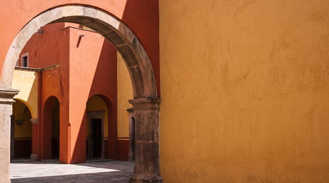 Stone Arch and Vibrant Walls in Mexican Hacienda Courtyard