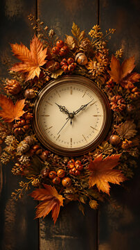 Autumn 2026 concept: antique round clock framed by a wreath of maple leaves, acorns, berries and dried flowers on rustic dark wood, ideal for daylight saving time and fall themes.
