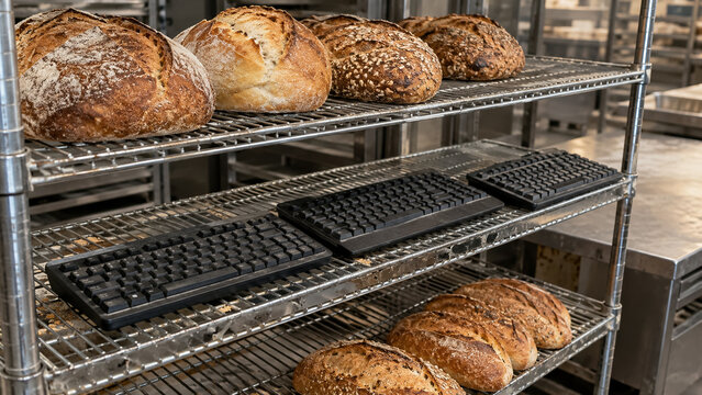 Fresh baked sourdough bread loaves and computer keyboards resting on commercial bakery cooling rack. Concept of surreal, artisan bakery.
