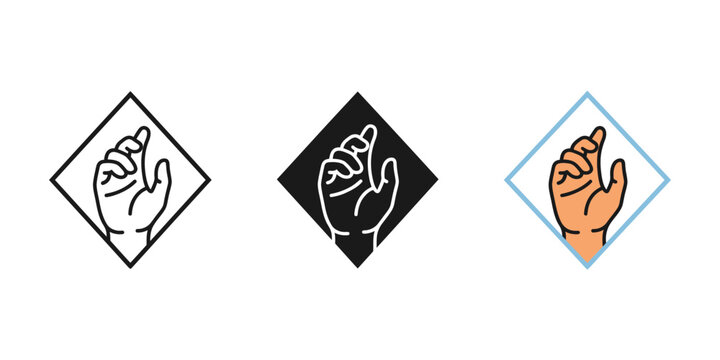 Set of three hand gesture icons, reaching out or grasping hand symbols in linear, solid, and colored styles, vector illustration