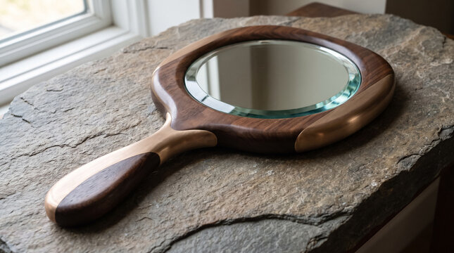 Sculptural hand mirror made of dark wood and brass lying on stone slab. Concept of wooden mirror, luxury accessory, handheld mirror, craft.