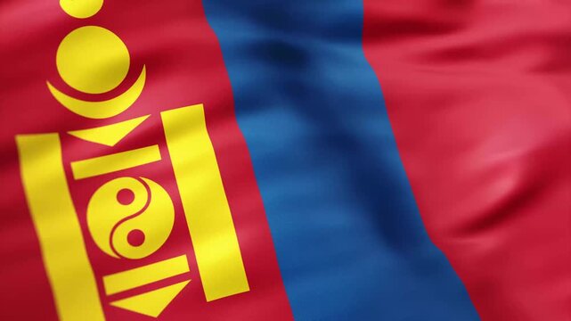 Realistic Mongolia flag waving in the wind with detailed fabric folds and national symbol background