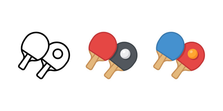 Table tennis paddles and ball for playing sport, set includes outline, black and white, and red blue versions for active recreation and games.