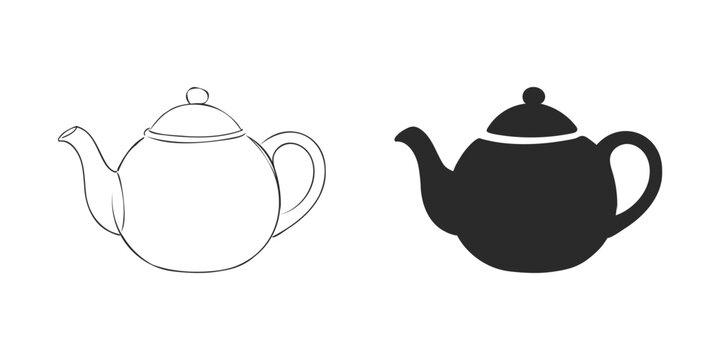 Teapot for brewing tea or coffee, classic kitchenware object shown in outline and solid black silhouette for beverage preparation.