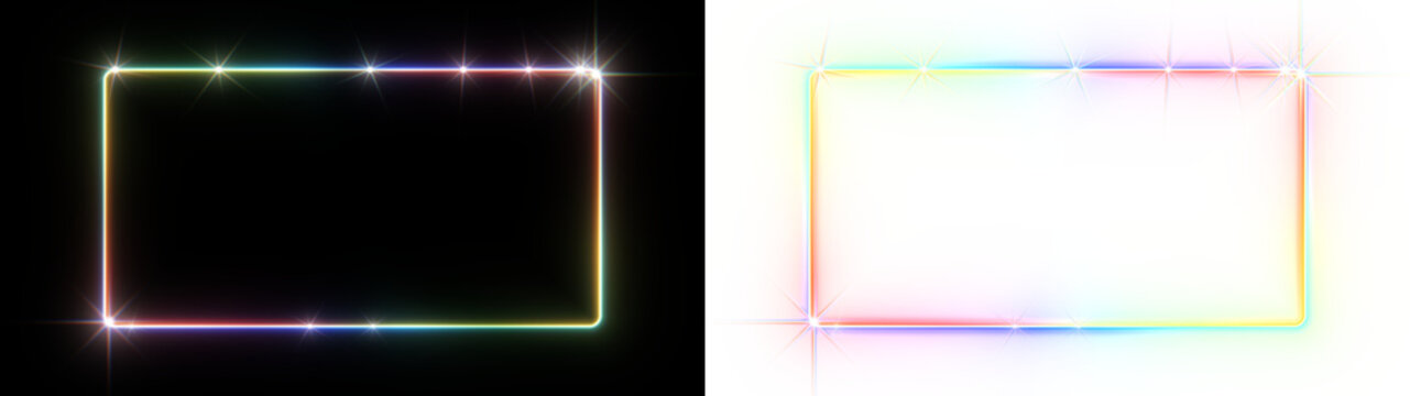 Prismatic rainbow light rectangle frame with corner flares shown on black and on transparent background