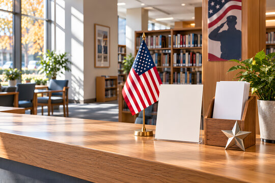 American flag with a blank card on a library reference desk school library patriotic decor study area education environment desk accessories learning space public library usa flag desk setup