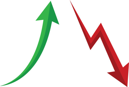 Green rising arrow and red falling zigzag arrow showing growth and decline isolated on white