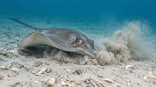Stingray digging in sandy ocean floor lifting a cloud of sediment underwater. Concept of seafloor, sting ray, sea floor, marine life, sandy bottom, wildlife, aquatic animal. Copy space.