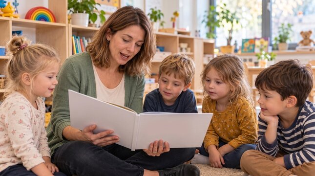 Engagierte Erzieherin sitzt mit einer Gruppe von Kindern auf dem Boden in der Kita und liest ihnen eine Geschichte aus einem Buch vor. Konzept f&uuml;r fr&uuml;hkindliche Bildung und Betreuung.