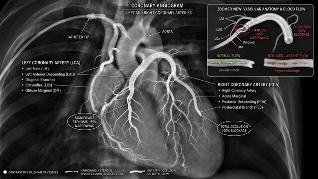 Coronary angiography vector or photo stock graphic displaying human heart blood vessels, arterial branches, plaque buildup, stenosis, and a magnified inset focusing on cardiovascular anatomy