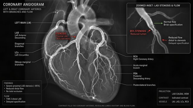 Detailed medical illustration of a coronary angiogram showing left and right coronary arteries, branching blood vessels, stenosis, and occlusion with a zoomed anatomical inset view