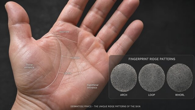Close up photo of a human hand palmar surface displaying prominent palmar creases like life line and head line, unique fingerprint dermatoglyphics, and thenar and hypothenar eminences