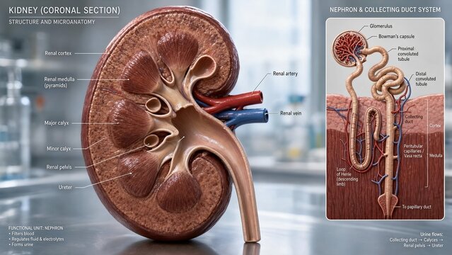 Coronal section of a human kidney anatomical model displaying renal cortex, renal medulla with pyramids, pelvis, calyces, ureter, and a zoomed inset illustrating the nephron and collecting ducts