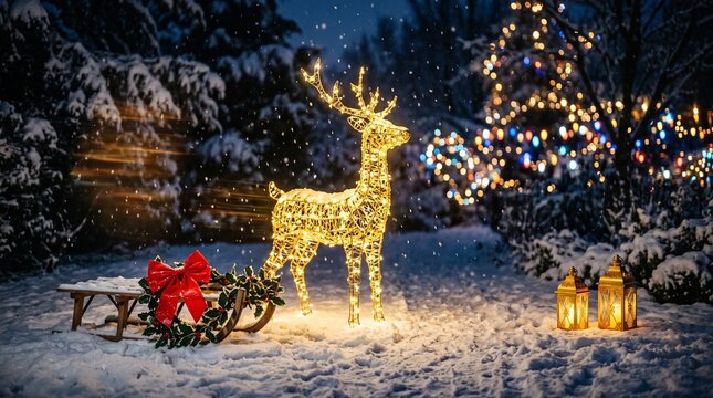 Decorative Christmas reindeer sculpture glowing with warm lights in snowy night garden, holiday decoration.