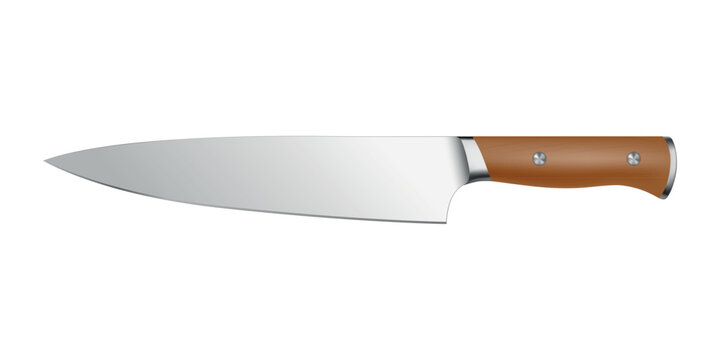 Chef Knife, 3d Vector Illustration. Kitchen Knife, Cooking Knife Isolated. Sharp Stainless Steel Blade with Wood Handle for Cutting, Chopping, Slicing, Food Preparation and Culinary Design