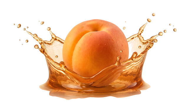 An appetizing fresh apricot dropping into a splash of delicious sweet juice against white background