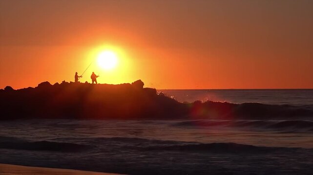 Fishermen silhouettes on a rocky jetty at sunset