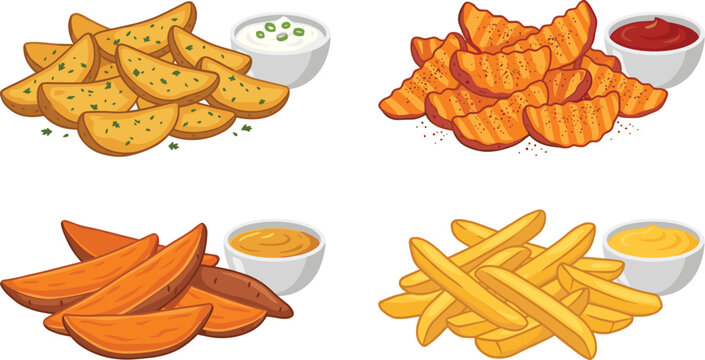 Crispy roasted potato wedges french fries sweet potato set with delicious dipping sauces isolated vector illustrations