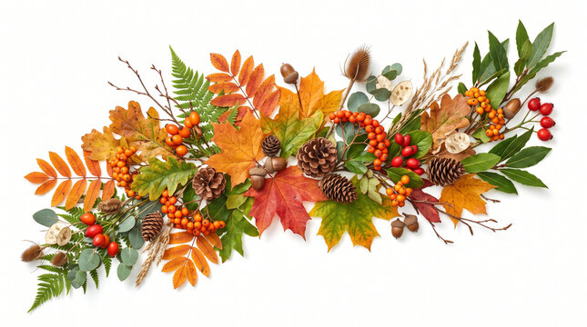 Autumn harvest arrangement of colorful leaves, berries, pinecones, and acorns on a white background