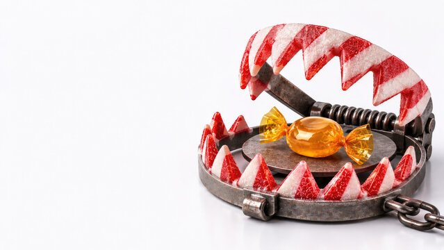 Wrapped candy sits inside an open metal trap. Space for text.