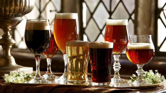 Craft beer variety presentation offering different types of ale, stout, and lager in elegant glasses