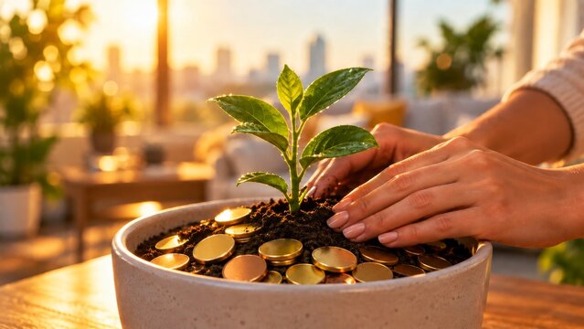 Hands tend a green seedling growing from soil and coins in a financial growth metaphor